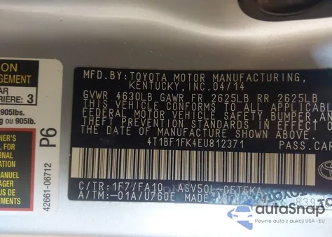 2014 Toyota Camry L z USA, uszkodzony, nr VIN 4T1BF1FK4EU812371